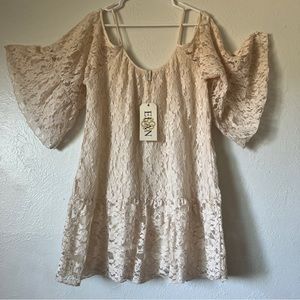 ELAN Dress Cold Shoulder Bell Sleeve Floral Lace Cream Boho Lining Women Sz M